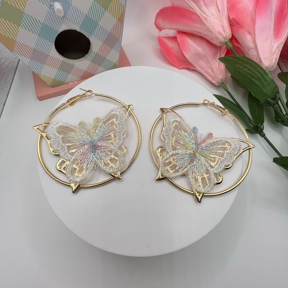 Gold Tone Fashion‎ Jewelry Earrings W/ Fabric Butterfly NEW